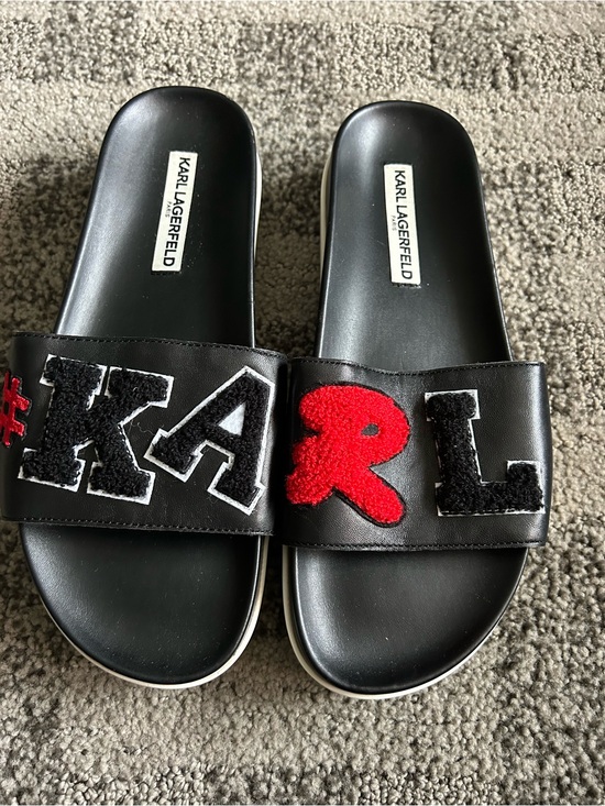 Karl Lagerfeld Shoes - Karl Lagerfeld Black Slide Sandals with Red Lettering